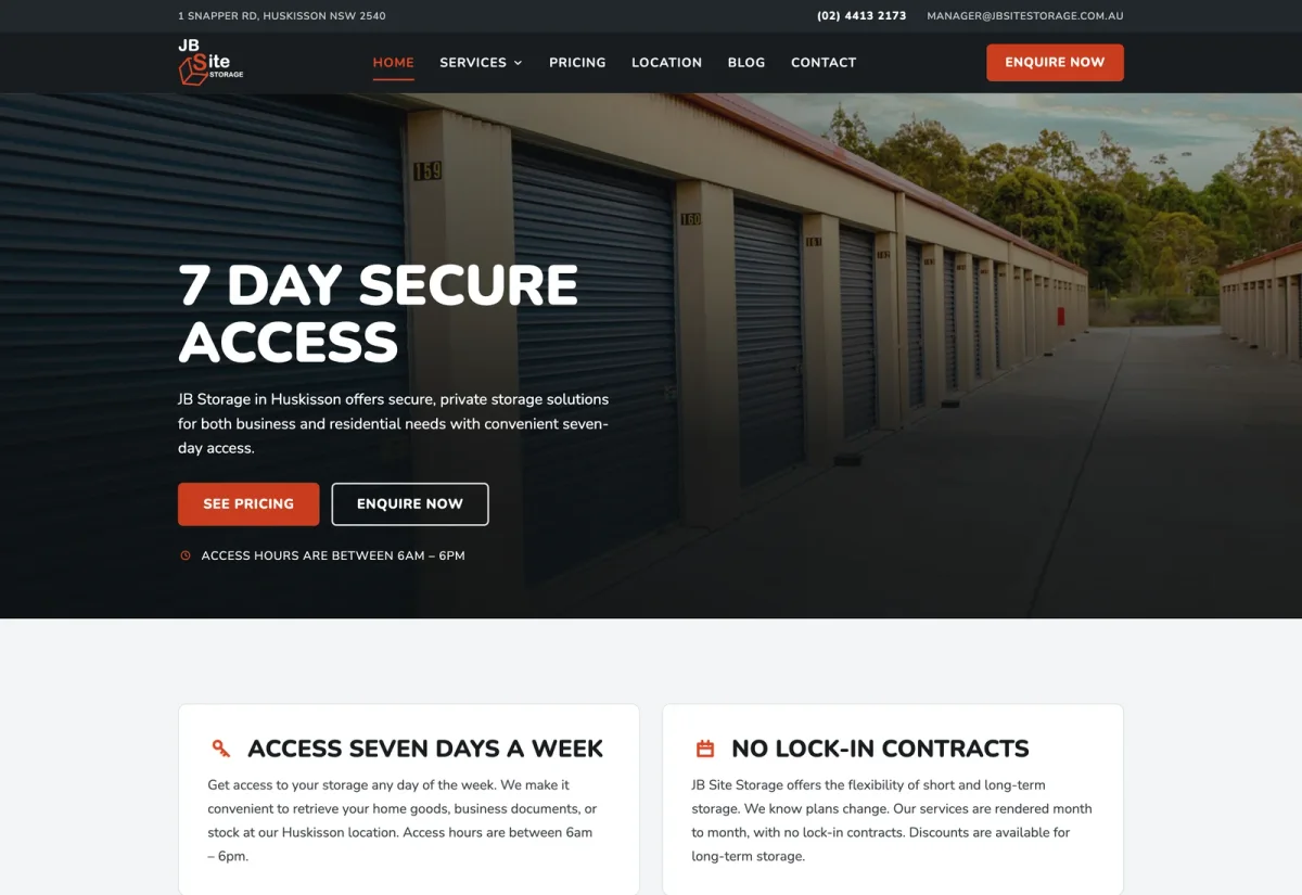 Website design for JB Site Storage, Huskisson